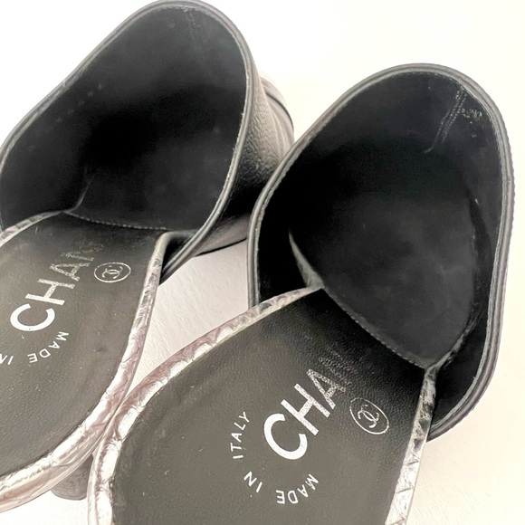 CHANEL | Black Leather Pointed High Heel Mules CC Logo Silver Scales EU 37.5 - Picture 11 of 14